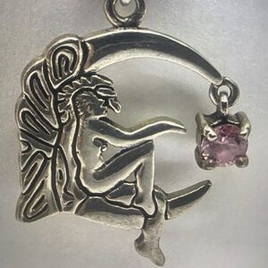 Sterling silver fairy goddess pendant with pink October birthstone